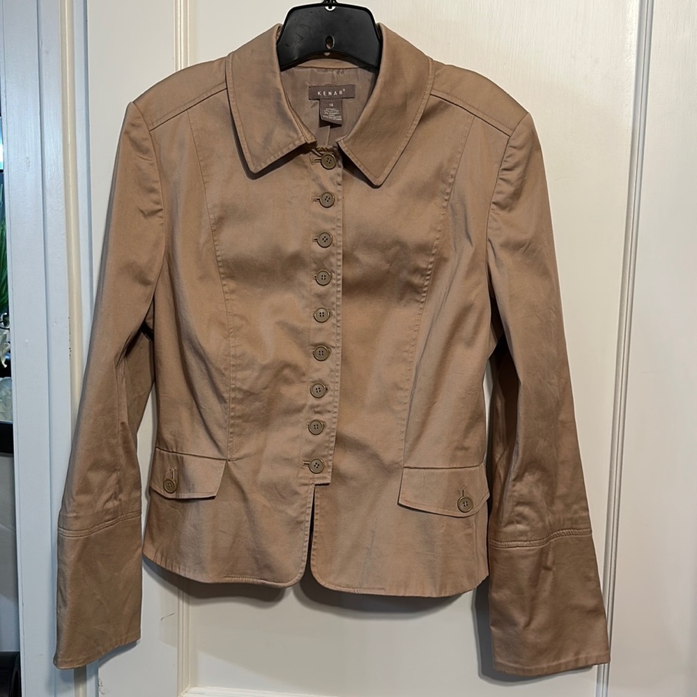 Women’s Khaki Tan Button Down Blazer Jacket With Button Up Pockets Size 14